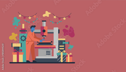 Industrial worker produces holiday gifts using modern CNC machinery