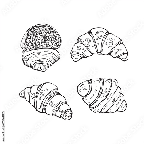 Set of French croissants. Vector illustration in sketch line style