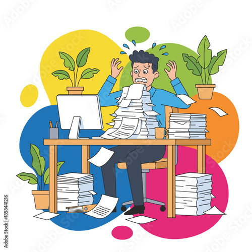 Stressed businessman overwhelmed by paperwork overload and deadlines at the office desk