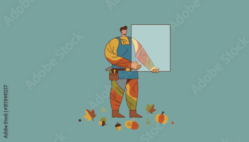 Glazier or repairman holding a window panel surrounded by autumn leaves and pumpkin