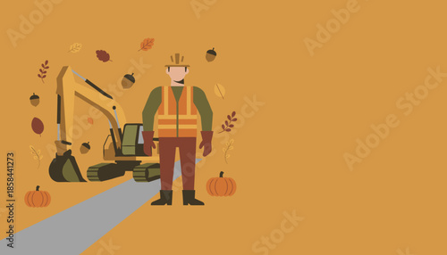 Construction worker and excavator illustration with falling autumn leaves and pumpkins on an orange background Copy space
