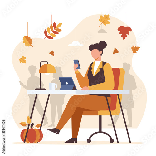 Autumnal work Businesswoman uses phone and tablet in a seasonal office environment