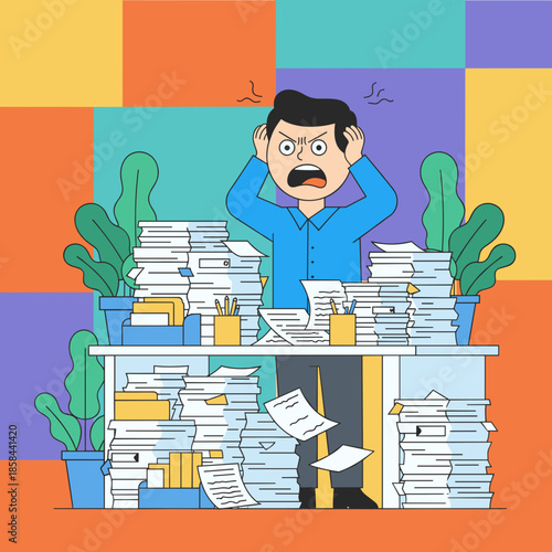 Overwhelmed office worker stressed by excessive paperwork and piles of files on the desk
