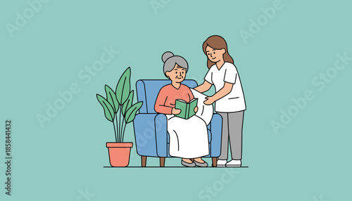 Professional caregiver assists senior woman reading comfortably in an armchair home health support illustration