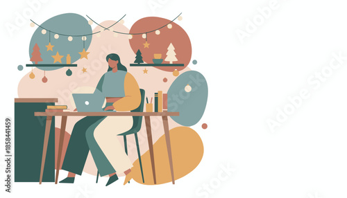 Woman working on a laptop in a festive cozy home office Christmas and remote work illustration