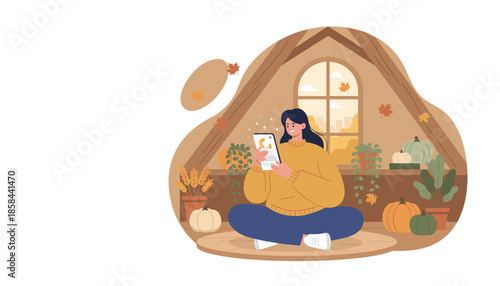 Happy woman relaxing in a cozy autumn attic reading on a tablet by the window with pumpkins