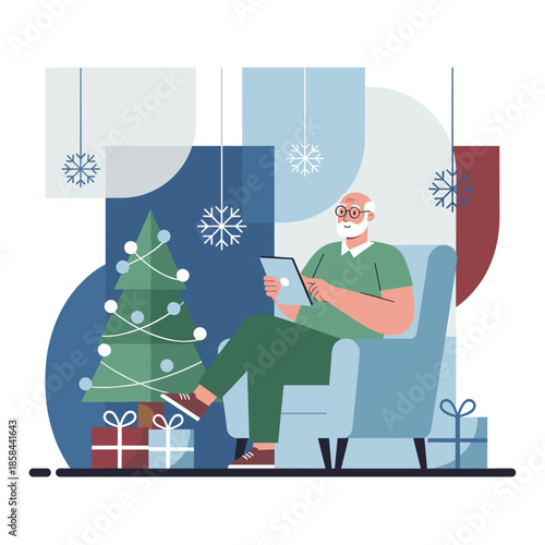 Senior man using a digital tablet in an armchair next to a Christmas tree and gifts Cozy holiday technology concept