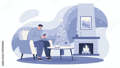 Man using phone by the fireplace and Christmas tree Cozy winter holidays at home