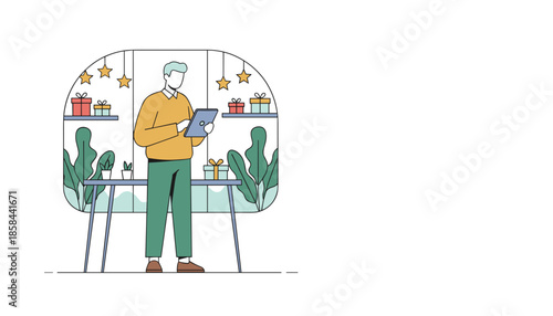 Ecommerce shopping preparation Man uses a tablet near wrapped gifts and indoor plants