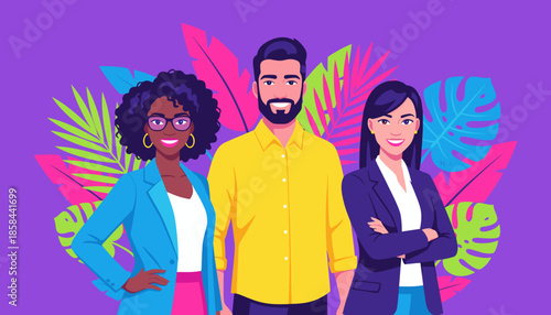 Diverse business team smiling against a vibrant tropical purple background Modern teamwork and collaboration illustration