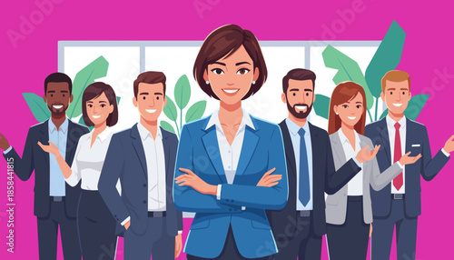 Diverse professional business team led by a confident female manager representing corporate success and welcome