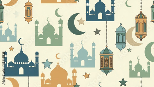 A seamless pattern featuring colorful mosque silhouettes, crescent moons, stars, and traditional lanterns on a light textured background, evoking Islamic celebration.