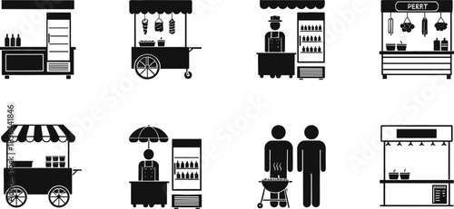 Comprehensive street food vector silhouette set featuring outdoor market stalls mobile carts vendors selling drinks and grilling food
