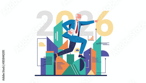 Businessman running toward 2026 success goals leading future growth