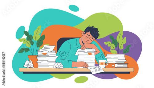 Burnout concept Tired worker sleeping on paperwork at office desk Overwork stress