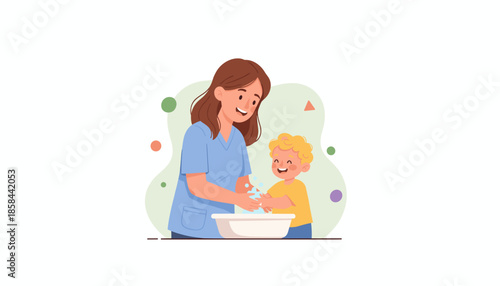 Adult teaching child handwashing Health hygiene and disease prevention education