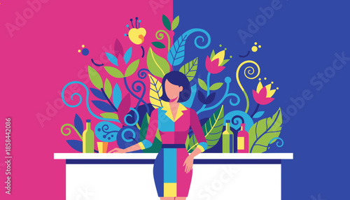 Vibrant illustration of stylish woman behind a bar counter with lush colorful abstract floral design