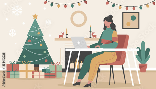 Working from home during the holidays Woman uses laptop next to a Christmas tree and gifts