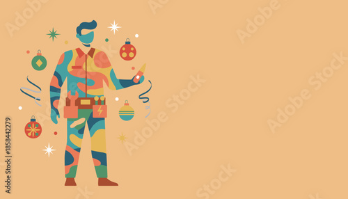 Festive handyman graphic with Christmas ornaments and tools for holiday service concept