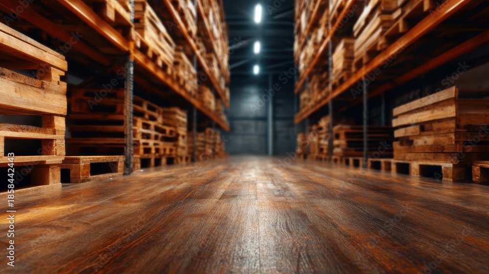 Fototapeta premium A captivating view of a spacious warehouse interior, featuring stacked wooden pallets, highlighting industrial design and storage efficiency in a modern logistical environment.