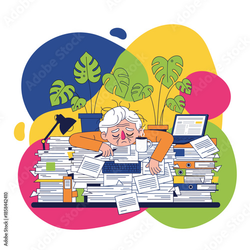 Exhausted senior worker sleeping atop a mountain of office paperwork and stress