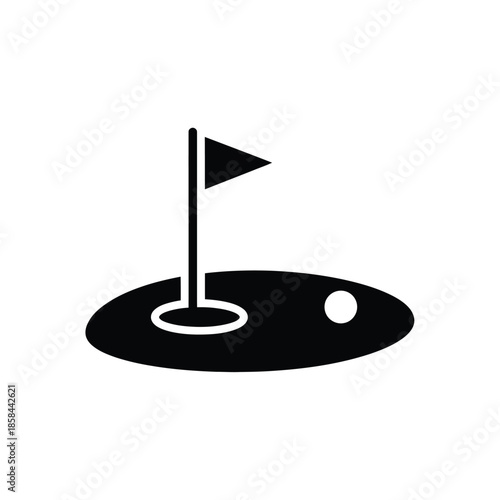 a simple black and white graphic illustration depicts a golf hole with a flag and a golf ball nearby on the