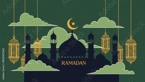 Stylized illustration of a mosque silhouette with crescent moon and star, surrounded by hanging lanterns and clouds, celebrating Ramadan.