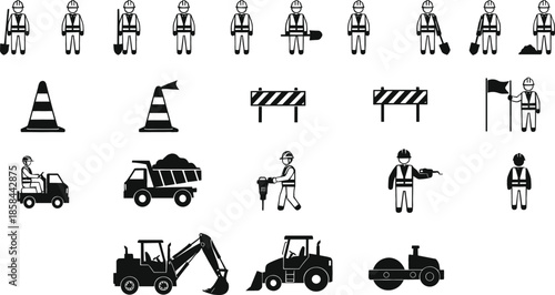 Comprehensive road construction vector silhouette set featuring workers with shovels heavy machinery excavators steamrollers and safety traffic control equipment