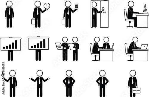 Business stick figure icon set with office workers in meetings giving presentations and working at computer desks