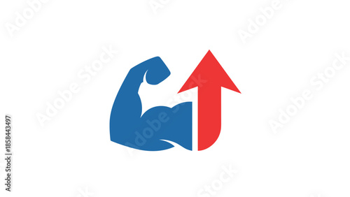 Minimalist Muscle Growth Logo Featuring a Blue Flexing Bicep and Red Upward Arrow Representing Strength, Fitness Progress, Performance Improvement, and Bodybuilding Success