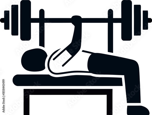 Minimalist flat vector illustration of a person performing a bench press exercise with a heavy barbell on a weight bench, ideal for gym, fitness, and strength training concepts