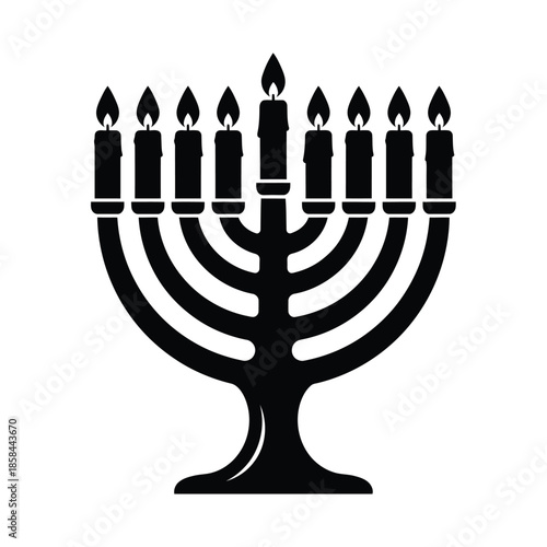 a detailed depiction of a black menorah with nine lit candles representing hanukkah and jewish traditions is shown high quality professional