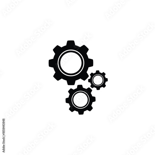 a simple illustration depicts three interlocking black gears of varying sizes against a stark white backdrop representing mechanisms high quality professional