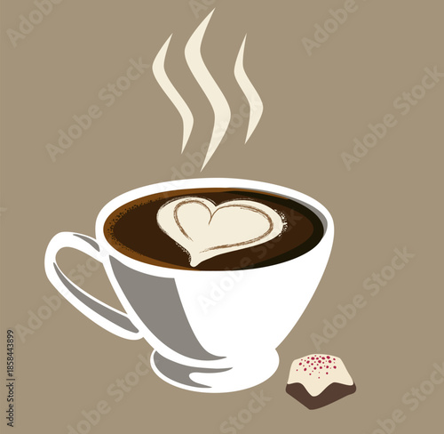 Coffee with milk and chocolate candy. White cup of coffee, coffee with heart design.