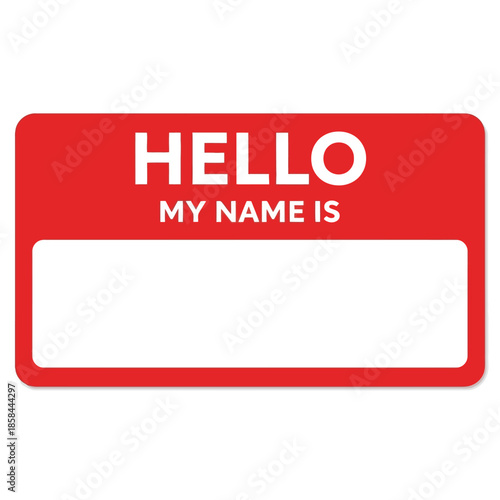 a vibrant red rectangular name tag displaying the greeting hello my name is with a blank space for personalization high quality