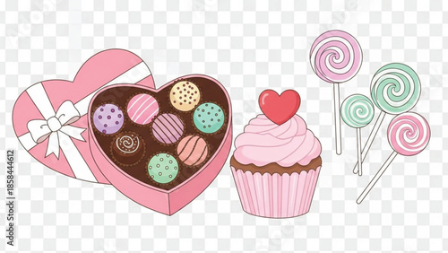 Assortment of sweet treats including a heart-shaped box of chocolates, a pink cupcake with a red heart, and colorful lollipops.