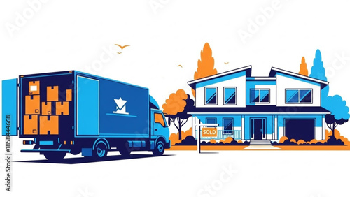 Delivery truck parked beside a modern two-story house with trees in the background