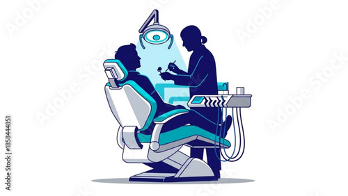 Dentist examining a patient's teeth with advanced technology in a modern dental clinic from a side viewpoint