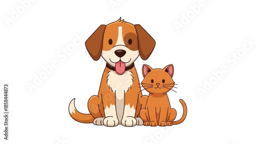 A cartoon dog and cat sitting together on a white background