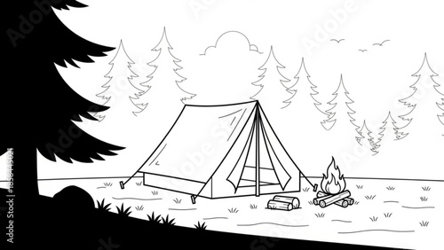 Camping Scene with Tent and Campfire in Forest Clearing Illustration