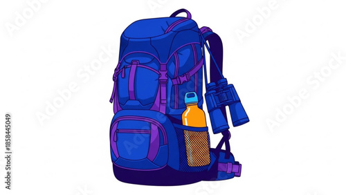 A blue and purple backpack with a water bottle attached, set against a clean white background.