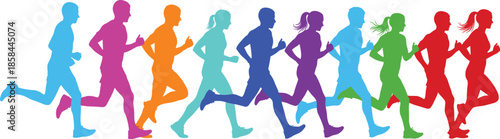 Group of colorful marathon runners silhouettes sprinting forward for fitness health competition and athletic sports community event