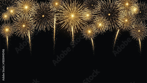 Golden Fireworks Border on Black Background, New Year Festive Celebration Pyrotechnic Burst Display, Holiday Night Sky Illustration