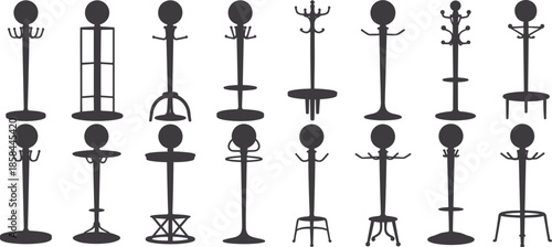 Coat rack silhouette collection, furniture vector set, modern and classic styles, interior decor elements, black design icons, home organization concept