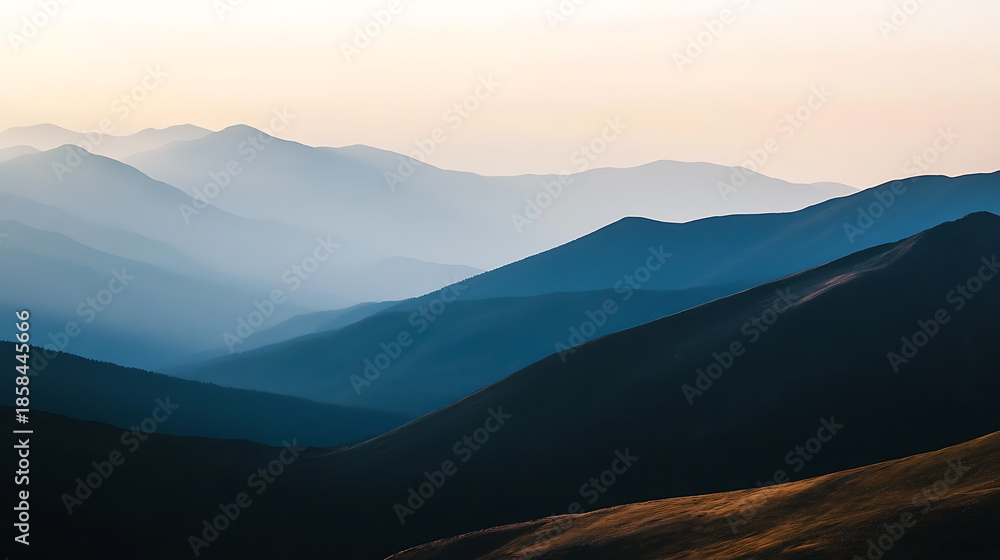 Fototapeta premium Blue Ridge Mountains: A stunning, panoramic view of layered mountain ranges in varying shades of blue fading into a soft, pastel sky. Peaks contrast with the light above.