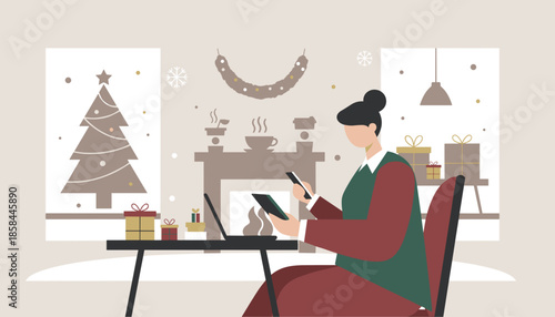 Busy woman uses laptop and tablet for remote work during winter holidays near a fireplace and Christmas tree