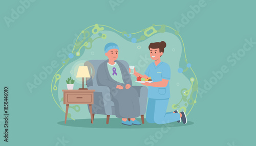 Compassionate caregiver offers healthy food and support to patient in home recovery setting