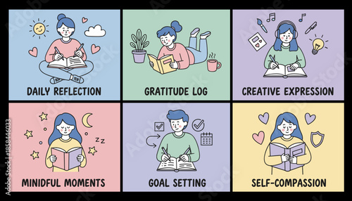 Cute illustration set showing selfcare and personal growth methods like journaling gratitude and reflection