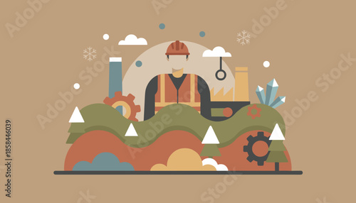 Illustration of a worker hardhatvest combining industry nature and resources in a cold climate