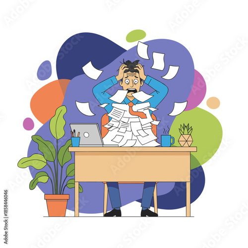 Overwhelmed businessman stressed by excessive paperwork and deadlines at his office desk